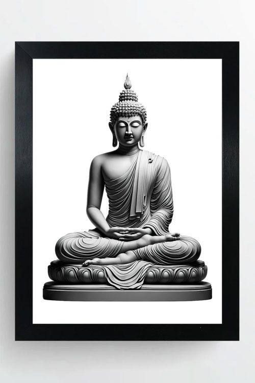 Serene Buddha Statue for Meditation Wall Art, Black Frame, Home Décor